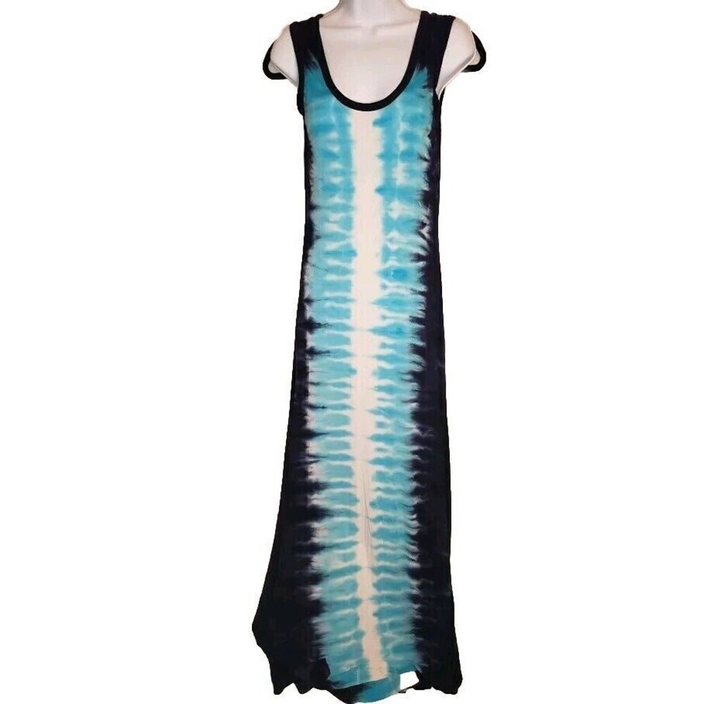 (Size 2) Calvin Klein Tie Dye Striped Sleeveless Maxi Dress Blue Stretch SEE DES